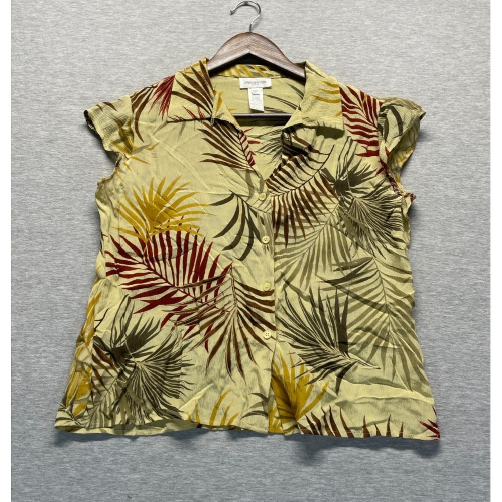 Jones New York Blouse Top Womens 10 Petite Olive Green Tropical Leaf Button Up